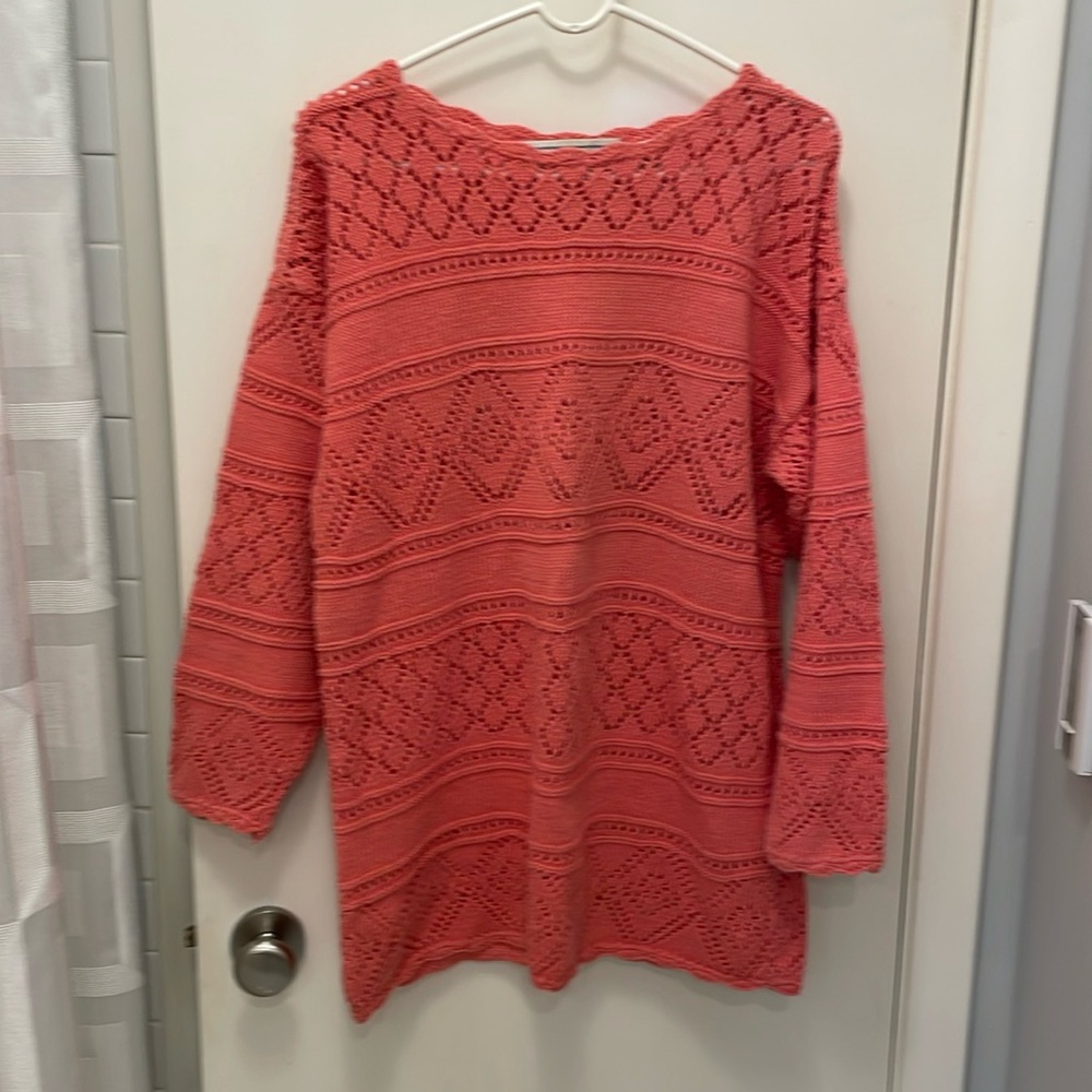 Koala Blue Vintage  oversized Sweater!  Pretty pink crocheted  look !